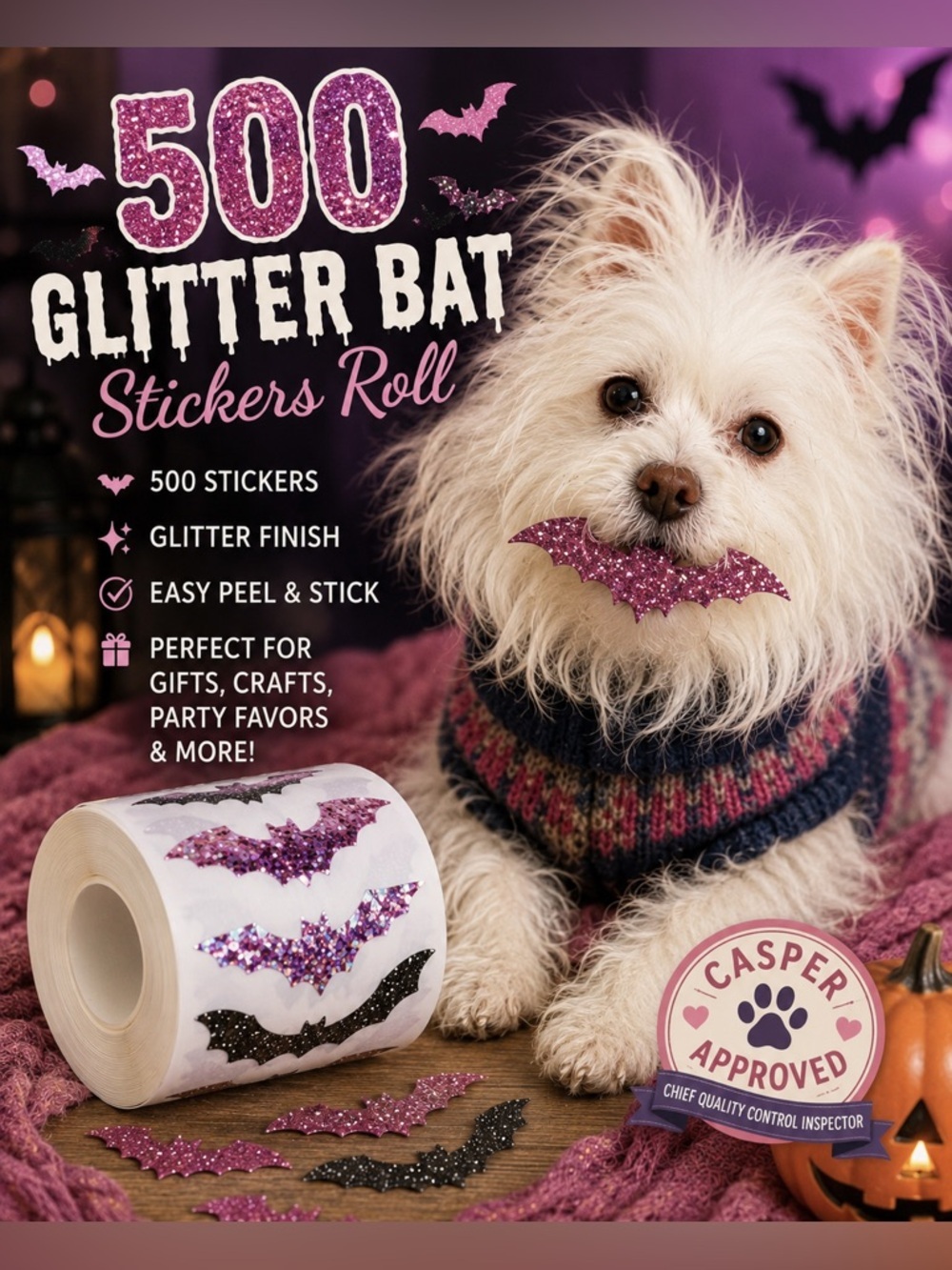 500 Pink & Black Glitter Bat Stickers Roll Halloween Seals Gift Wrap Party Favor